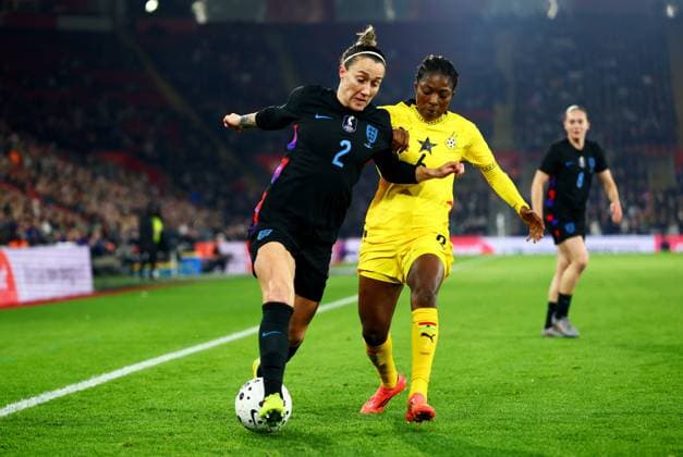 Lucy Bronze of England and Jennifer Cudjoe of Ghana. England Women v Ghana Women, International Friendly, Länderspiel, Nationalmannschaft Football, St Mary s Stadium, Southampton, UK - 02 Dec 2025Southampton St Mary s Stadium United Kingdom EDITORIAL USE ONLY No use with unauthorised audio, video, data, fixture lists, club league logos or live services. Online in-match use limited to 120 images, no video emulation. No use in betting, games or single club league player publications. Copyright: xJamesxMarsh Shutterstockx 16005561ac