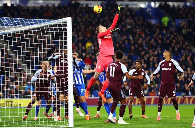 Marco Bizot of Aston Villa misses the ball leading to the goal of Jan Paul van Hecke of Brighton and Hove Albion. Brighton and Hove Albion v Aston Villa, Premier League, Football, American Express Community Stadium, Brighton, UK - 03 Dec 2025Brighton American Express Community Stadi United Kingdom EDITORIAL USE ONLY No use with unauthorised audio, video, data, fixture lists, club league logos or live services. Online in-match use limited to 120 images, no video emulation. No use in betting, games or single club league player publications. Copyright: xJamesxMarsh Shutterstockx 16006088t