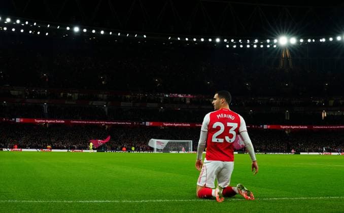 Mikel Merino of Arsenal celebrates scoring the opening goal Arsenal v Brentford, Premier League, Football, Emirates Stadium, London, UK - 03 Dec 2025London Emirates Stadium United Kingdom EDITORIAL USE ONLY No use with unauthorised audio, video, data, fixture lists, club league logos or live services. Online in-match use limited to 120 images, no video emulation. No use in betting, games or single club league player publications. Copyright: xJavierxGarcia Shutterstockx 16006081bk