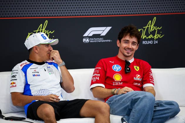 Charles Leclerc of Monaco and Scuderia Ferrari, Isack Hadjar of France and Visa Cash App RB , Previews, F1 Grand Prix of Abu Dhabi, am 04. December 2025 in Abu Dhabi, United Arab Emirates. (Foto von Diogo Cardoso DeFodi Images) Charles Leclerc of Monaco and Scuderia Ferrari, Isack Hadjar of France and Visa Cash App RB , Previews, F1 Grand Prix of Abu Dhabi, Yas Marina Circuit on December 4, 2025 in Abu Dhabi, United Arab Emirates. (Photo by Diogo Cardoso DeFodi Images)