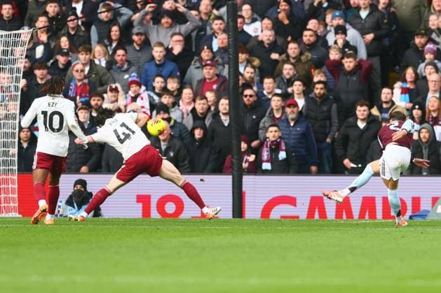 Declan Rice of Arsenal blocks a sjhoit from Matty Cash of Aston Villa Aston Villa v Arsenal, Premier League, Football, Villa Park, Birmingham, UK - 06 Dec 2025Birmingham Villa Park United Kingdom EDITORIAL USE ONLY No use with unauthorised audio, video, data, fixture lists, club league logos or live services. Online in-match use limited to 120 images, no video emulation. No use in betting, games or single club league player publications. Copyright: xPaulxCurrie Shutterstockx 16009134v