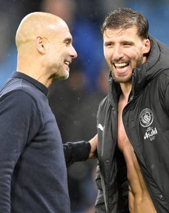 Manager Pep Guardiola of Manchester City celebrates with Ruben Dias at the end of the game Manchester City v Sunderland, Premier League, Football, Etihad Stadium, Manchester, UK - 06 Dec 2025Manchester Etihad Stadium United Kingdom EDITORIAL USE ONLY No use with unauthorised audio, video, data, fixture lists, club league logos or live services. Online in-match use limited to 120 images, no video emulation. No use in betting, games or single club league player publications. Copyright: xGreigxCowie Shutterstockx 16009223ao
