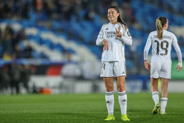 ESP, Madrid, Real Madrid vs VfL Wolfsburg, Women s Champions League, Fussball, UEFA, Spielzeit 2025 2026, Alfredo di Stefano, 5. Spieltag im Bild: Maria Mà ndez (Real Madrid 14), Tor, Freude, Jubel und Emotion (Gol, alegria, jubilo y emocion) Tor zum 1:0 gegen Wolfsburg DFB DFL REGULATIONS PROHIBIT ANY USE OF PHOTOGRAPHS AS IMAGE SEQUENCES AND OR QUASI-VIDEO, 09.12.2025 Copyright: HMBxMedia HendrikxHamelau