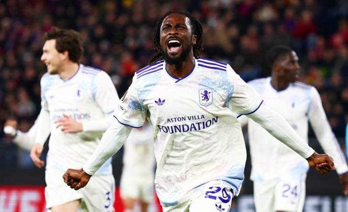 Evann Guessand of Aston Villa celebrates scoring a goal after making the score 0-1. FC Basel v Aston Villa, UEFA Europa League, Group Stage, Football, St. Jakob-Park, Basel, Switzerland - 11 Dec 2025Basel St. Jakob-Park Switzerland EDITORIAL USE ONLY No use with unauthorised audio, video, data, fixture lists, club league logos or live services. Online in-match use limited to 120 images, no video emulation. No use in betting, games or single club league player publications. Copyright: xJamesxMarsh Shutterstockx 16080606au