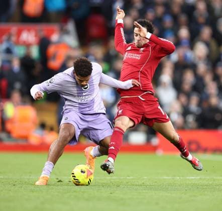 Georginio Rutter of Brighton & Hove Albion and Curtis Jones of Liverpool Liverpool v Brighton and Hove Albion, Premier League, Football, Anfield, Liverpool, UK - 13 Dec 2025Liverpool Anfield United Kingdom EDITORIAL USE ONLY No use with unauthorised audio, video, data, fixture lists, club league logos or live services. Online in-match use limited to 120 images, no video emulation. No use in betting, games or single club league player publications. Copyright: xRyanxBrowne Shutterstockx 16081506br