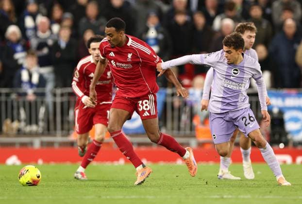 Ryan Gravenberch of Liverpool and Yasin Ayari of Brighton & Hove Albion Liverpool v Brighton and Hove Albion, Premier League, Football, Anfield, Liverpool, UK - 13 Dec 2025Liverpool Anfield United Kingdom EDITORIAL USE ONLY No use with unauthorised audio, video, data, fixture lists, club league logos or live services. Online in-match use limited to 120 images, no video emulation. No use in betting, games or single club league player publications. Copyright: xRyanxBrowne Shutterstockx 16081506ev