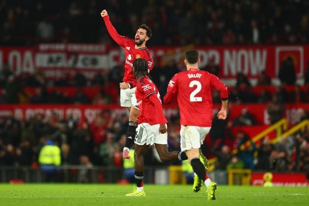 Bruno Fernandes of Manchester United, ManU scores to make it 3-3 and celebrates Manchester United v AFC Bournemouth, Premier League, Football, Old Trafford, Manchester, UK - 15 Dec 2025Manchester Old Trafford United Kingdom EDITORIAL USE ONLY No use with unauthorised audio, video, data, fixture lists, club league logos or live services. Online in-match use limited to 120 images, no video emulation. No use in betting, games or single club league player publications. Copyright: xPaulxCurrie Shutterstockx 16112816ds