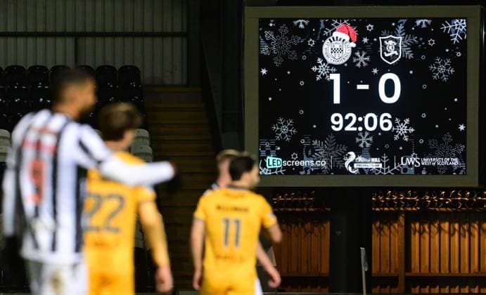 Christmas score board at St Mirren Park St Mirren v Livingston, William Hill Scottish Premiership, Football, The SMiSA Stadium, Paisley, Scotland, UK - 20 Dec 2025Paisley The SMiSA Stadium United Kingdom EDITORIAL USE ONLY No use with unauthorised audio, video, data, fixture lists, club league logos or live services. Online in-match use limited to 120 images, no video emulation. No use in betting, games or single club league player publications. Copyright: xMarkxRunnacles Shutterstockx 16148664dk