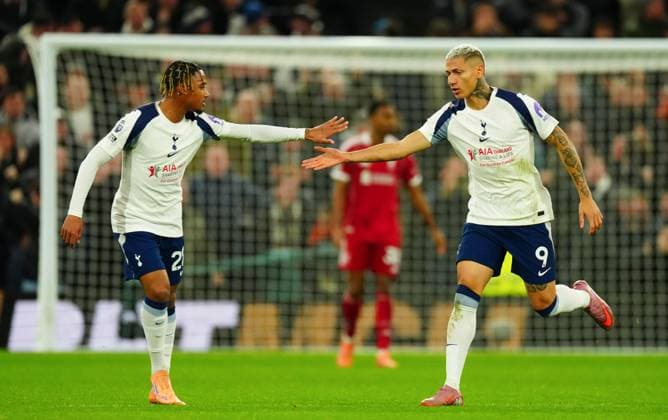 Richarlison of Tottenham Hotspur celebrates scoring a goal after making it 1-2 with Wilson Odobert Tottenham Hotspur v Liverpool, Premier League, Football, Tottenham Hotspur Stadium, London, UK - 20 Dec 2025London Tottenham Hotspur Stadium United Kingdom EDITORIAL USE ONLY No use with unauthorised audio, video, data, fixture lists, club league logos or live services. Online in-match use limited to 120 images, no video emulation. No use in betting, games or single club league player publications. Copyright: xJavierxGarcia Shutterstockx 16151220q