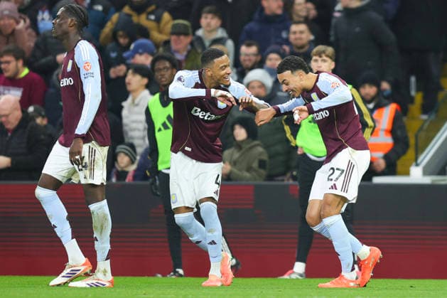 Birmingham, England, 21st December 2025. Morgan Rogers of Aston Villa celebrates after scoring a goal to make it 1-0 during the Aston Villa vs Manchester United, ManU Premier League match at Villa Park, Birmingham. Picture credit should read: James Baylis Sportimage EDITORIAL USE ONLY. No use with unauthorised audio, video, data, fixture lists, club league logos or live services. Online in-match use limited to 120 images, no video emulation. No use in betting, games or single club league player publications. SPI_005_JB_ASTON_VILLA_MANUTD SPI-4388-0005