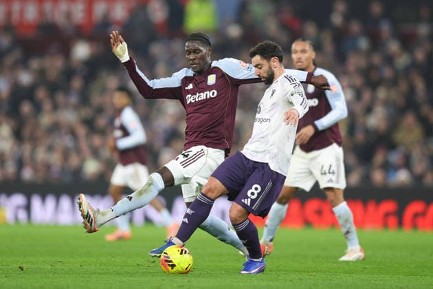 Birmingham, England, 21st December 2025. Bruno Fernandes of Manchester United, ManU and Ezri Konsa of Aston Villa during the Aston Villa vs Manchester United Premier League match at Villa Park, Birmingham. Picture credit should read: James Baylis Sportimage EDITORIAL USE ONLY. No use with unauthorised audio, video, data, fixture lists, club league logos or live services. Online in-match use limited to 120 images, no video emulation. No use in betting, games or single club league player publications. SPI_007_JB_ASTON_VILLA_MANUTD SPI-4388-0007