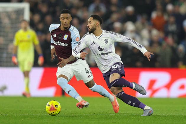 Birmingham, England, 21st December 2025. Matheus Cunha of Manchester United, ManU and Ezri Konsa of Aston Villa during the Aston Villa vs Manchester United Premier League match at Villa Park, Birmingham. Picture credit should read: James Baylis Sportimage EDITORIAL USE ONLY. No use with unauthorised audio, video, data, fixture lists, club league logos or live services. Online in-match use limited to 120 images, no video emulation. No use in betting, games or single club league player publications. SPI_014_JB_ASTON_VILLA_MANUTD SPI-4388-0014