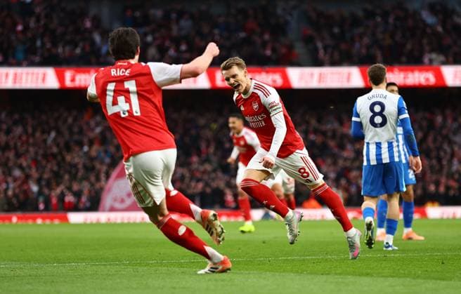 Martin Odegaard of Arsenal celebrates scoring the opening goal Arsenal v Brighton and Hove Albion, Premier League, Football, Emirates Stadium, London, UK - 27 Dec 2025London Emirates Stadium United Kingdom EDITORIAL USE ONLY No use with unauthorised audio, video, data, fixture lists, club league logos or live services. Online in-match use limited to 120 images, no video emulation. No use in betting, games or single club league player publications. Copyright: xMichaelxZemanek Shutterstockx 16213159f