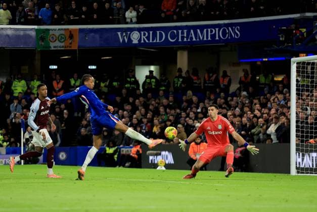 Joao Pedro of Chelsea attempts a shot on goal which is saved by Aston Villa goalkeeper Emiliano Martinez Chelsea v Aston Villa, Premier League, Football, Stamford Bridge, London, UK - 27 Dec 2025London Stamford Bridge United Kingdom EDITORIAL USE ONLY No use with unauthorised audio, video, data, fixture lists, club league logos or live services. Online in-match use limited to 120 images, no video emulation. No use in betting, games or single club league player publications. Copyright: xGeorgexTewkesbury Shutterstockx 16213165ah