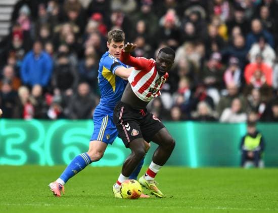 Brian Brobbey of Sunderland fends off Jaka Bijol of Leeds United Sunderland v Leeds United, Premier League, Football, Stadium of Light, Sunderland, UK - 28 Dec 2025Sunderland Stadium of Light United Kingdom EDITORIAL USE ONLY No use with unauthorised audio, video, data, fixture lists, club league logos or live services. Online in-match use limited to 120 images, no video emulation. No use in betting, games or single club league player publications. Copyright: xRichardxLee Shutterstockx 16213166w