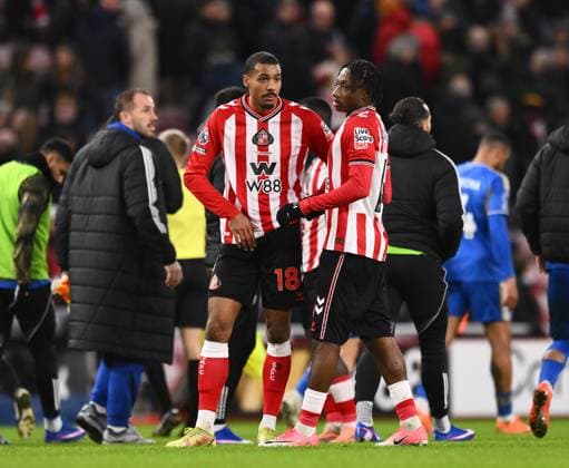 Wilson Isidor of Sunderland (left) and Eliezer Mayenda of Sunderland Sunderland v Leeds United, Premier League, Football, Stadium of Light, Sunderland, UK - 28 Dec 2025Sunderland Stadium of Light United Kingdom EDITORIAL USE ONLY No use with unauthorised audio, video, data, fixture lists, club league logos or live services. Online in-match use limited to 120 images, no video emulation. No use in betting, games or single club league player publications. Copyright: xRichardxLee Shutterstockx 16213166at