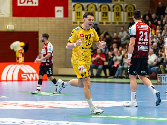 Matija Mircic (HSG Krefeld Niederrhein, 97) jubelt und freut sich nach Tor HSG Krefeld Niederrhein vs. HSG Nordhorn-Lingen, Handball, 2. Bundesliga, 17. Spieltag, Saison 2025 2026, 28.12.2025 HSG Krefeld Niederrhein vs. HSG Nordhorn-Lingen, Handball, 2. Bundesliga, 17. Spieltag, Saison 2025 2026, 28.12.2025 Krefeld Copyright: xEibner-Pressefoto DamianxKruczynx EP_DKI