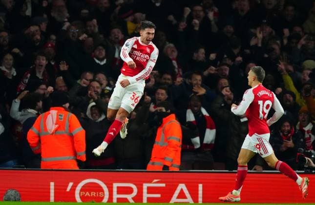 Martin Zubimendi of Arsenal celebrates scoring a goal after making it 2-0 Arsenal v Aston Villa, Premier League, Football, Emirates Stadium, London, UK - 30 Dec 2025London Emirates Stadium United Kingdom EDITORIAL USE ONLY No use with unauthorised audio, video, data, fixture lists, club league logos or live services. Online in-match use limited to 120 images, no video emulation. No use in betting, games or single club league player publications. Copyright: xJavierxGarcia Shutterstockx 16216222fn