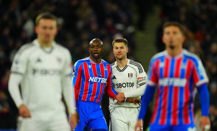 Joachim Andersen of Fulham marks Jean-Philippe Mateta of Crystal Palace Crystal Palace v Fulham, Premier League, Football, Selhurst Park, London, UK - 01 Jan 2026London Selhurst Park United Kingdom EDITORIAL USE ONLY No use with unauthorised audio, video, data, fixture lists, club league logos or live services. Online in-match use limited to 120 images, no video emulation. No use in betting, games or single club league player publications. Copyright: xJavierxGarcia Shutterstockx 16216356ax