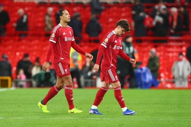 Milos Kerkez of Liverpool and Virgil van Dijk look dejected at the end of the match Liverpool v Leeds United, Premier League, Football, Anfield, Liverpool, UK - 01 Jan 2026Liverpool Anfield United Kingdom EDITORIAL USE ONLY No use with unauthorised audio, video, data, fixture lists, club league logos or live services. Online in-match use limited to 120 images, no video emulation. No use in betting, games or single club league player publications. Copyright: xPaulxCurrie Shutterstockx 16216359ck