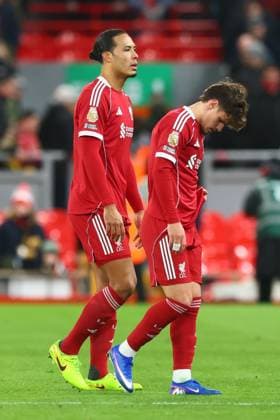 Milos Kerkez of Liverpool and Virgil van Dijk look dejected at the end of the match Liverpool v Leeds United, Premier League, Football, Anfield, Liverpool, UK - 01 Jan 2026Liverpool Anfield United Kingdom EDITORIAL USE ONLY No use with unauthorised audio, video, data, fixture lists, club league logos or live services. Online in-match use limited to 120 images, no video emulation. No use in betting, games or single club league player publications. Copyright: xPaulxCurrie Shutterstockx 16216359cn