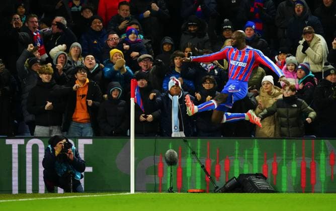 Jean-Philippe Mateta of Crystal Palace celebrates scoring the opening goal Crystal Palace v Fulham, Premier League, Football, Selhurst Park, London, UK - 01 Jan 2026London Selhurst Park United Kingdom EDITORIAL USE ONLY No use with unauthorised audio, video, data, fixture lists, club league logos or live services. Online in-match use limited to 120 images, no video emulation. No use in betting, games or single club league player publications. Copyright: xJavierxGarcia Shutterstockx 16216356dc