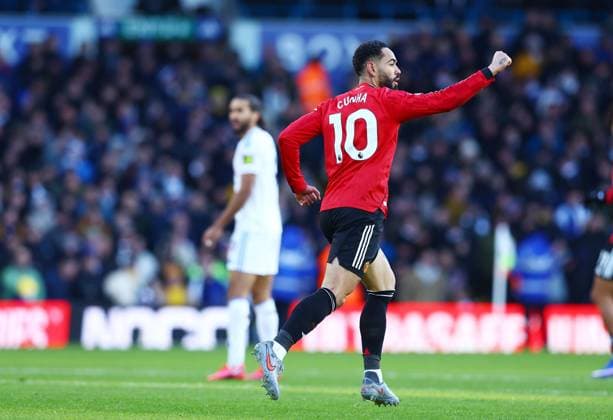 Matheus Cunha of Manchester United, ManU celebrates scoring a goal to make it 1-1 Leeds United v Manchester United, Premier League, Football, Elland Road, Leeds, UK - 04 Jan 2026Leeds Elland Road United Kingdom EDITORIAL USE ONLY No use with unauthorised audio, video, data, fixture lists, club league logos or live services. Online in-match use limited to 120 images, no video emulation. No use in betting, games or single club league player publications. Copyright: xMattxWest Shutterstockx 16220514ap