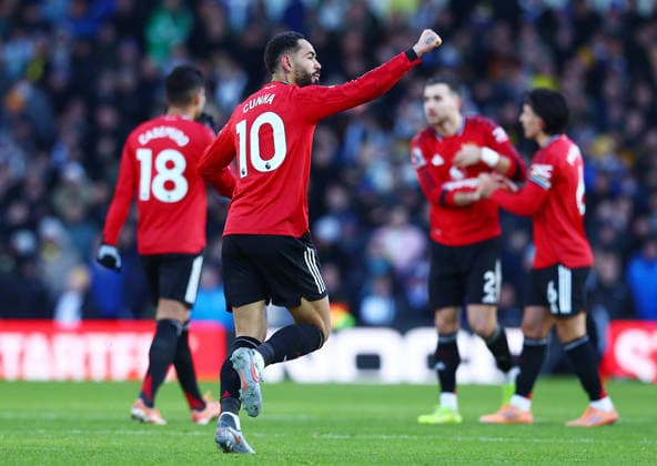 Matheus Cunha of Manchester United, ManU celebrates scoring a goal to make it 1-1 Leeds United v Manchester United, Premier League, Football, Elland Road, Leeds, UK - 04 Jan 2026Leeds Elland Road United Kingdom EDITORIAL USE ONLY No use with unauthorised audio, video, data, fixture lists, club league logos or live services. Online in-match use limited to 120 images, no video emulation. No use in betting, games or single club league player publications. Copyright: xMattxWest Shutterstockx 16220514be