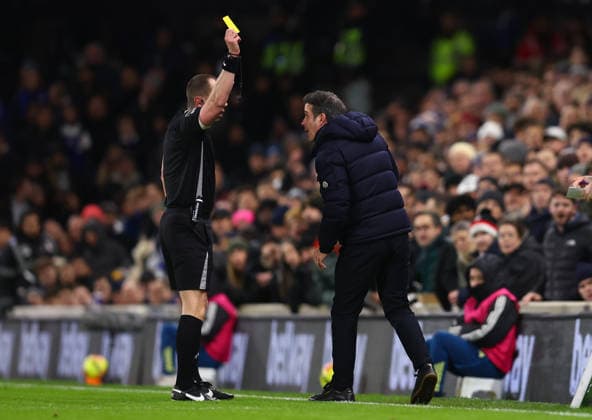 London, England, 7th January 2026. Marco Silva, Manager of Fulham is shown a yellow card during the Fulham vs Chelsea Premier League match at Craven Cottage, London. Picture credit should read: Paul Terry Sportimage EDITORIAL USE ONLY. No use with unauthorised audio, video, data, fixture lists, club league logos or live services. Online in-match use limited to 120 images, no video emulation. No use in betting, games or single club league player publications. SPI_034_PT_Fulham_Chelsea SPI-4434-0034