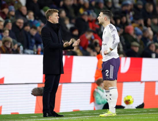 Burnley, England, 7th January 2026. Darren Fletcher interim manager of Manchester United, ManU talks to Diogo Dalot of Manchester United during the Burnley vs Manchester United Premier League match at Turf Moor, Burnley. Picture credit should read: Cody Froggatt Sportimage EDITORIAL USE ONLY. No use with unauthorised audio, video, data, fixture lists, club league logos or live services. Online in-match use limited to 120 images, no video emulation. No use in betting, games or single club league player publications. SPI_038_CF_Burnley_Man_Utd_ SPI-4437-0037