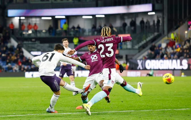 Burnley, England, 7th January 2026. Shea Lacey of Manchester United, ManU sends in a shot which is saved during the Burnley vs Manchester United Premier League match at Turf Moor, Burnley. Picture credit should read: Cody Froggatt Sportimage EDITORIAL USE ONLY. No use with unauthorised audio, video, data, fixture lists, club league logos or live services. Online in-match use limited to 120 images, no video emulation. No use in betting, games or single club league player publications. SPI_059_CF_Burnley_Man_Utd_ SPI-4437-0058