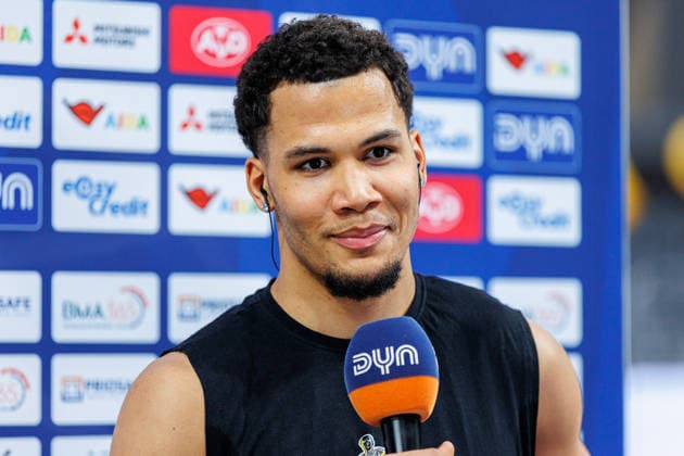 Brandon Tischler (MHP Riesen Ludwigsburg, 24), Einzelbild, Einzelfoto, Portrait, Portraet, vor Spielbeginn, Interview, BMA365 Bamberg Baskets vs. MHP Riesen Ludwigsburg, Basketball, easyCredit BBL, 15. Spieltag, 09.01.2026 BMA365 Bamberg Baskets vs. MHP Riesen Ludwigsburg, Basketball, easyCredit BBL, 15. Spieltag, 09.01.2026 Bamberg Copyright: xEibner-Pressefoto G.xSantemizx EP_EER