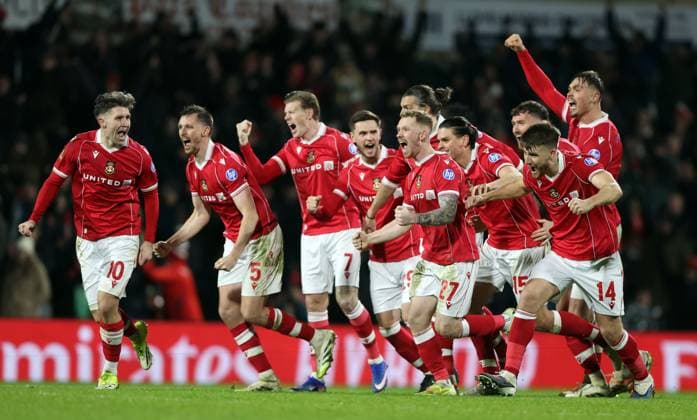 Wrexham players celebrate winning the penalty shootout Wrexham v Nottingham Forest, Emirates FA Cup, Third Round, Football, SToK Cae Ras, Wrexham, UK - 09 Jan 2026Wrexham SToK Cae Ras United Kingdom EDITORIAL USE ONLY No use with unauthorised audio, video, data, fixture lists, club league logos or live services. Online in-match use limited to 120 images, no video emulation. No use in betting, games or single club league player publications. Copyright: xKieranxMcManus Shutterstockx 16233000bs