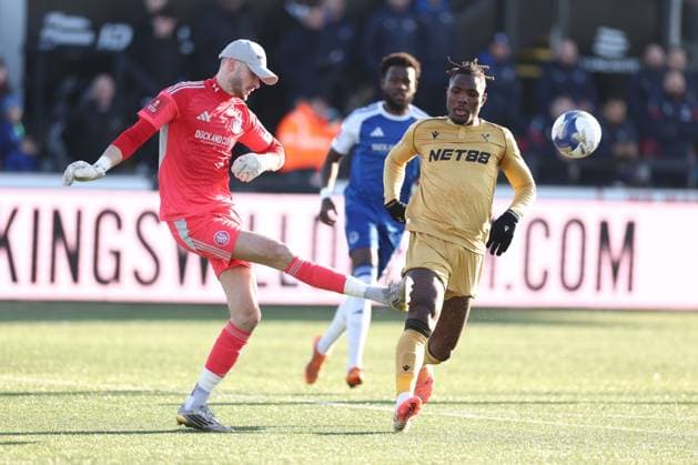Max Dearnley of Macclesfield FC and Chrisantus Uche of Crystal Palace Macclesfield v Crystal Palace, Emirates FA Cup, Third Round, Football, Leasing.com Stadium, Macclesfield, UK - 10 Jan 2026Macclesfield Moss Rose United Kingdom EDITORIAL USE ONLY No use with unauthorised audio, video, data, fixture lists, club league logos or live services. Online in-match use limited to 120 images, no video emulation. No use in betting, games or single club league player publications. Copyright: xRyanxBrowne Shutterstockx 16246200ae