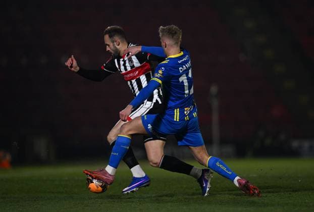 Charles Vernam of Grimsby Town and Will Dawes of Weston-super-Mare Grimsby Town v Weston Super Mare, Emirates FA Cup, Third Round, Football, Blundell Park, Grimsby, UK - 10 Jan 2026Grimsby Blundell Park United Kingdom EDITORIAL USE ONLY No use with unauthorised audio, video, data, fixture lists, club league logos or live services. Online in-match use limited to 120 images, no video emulation. No use in betting, games or single club league player publications. Copyright: xAnnaxGowthorpe Shutterstockx 16246310q