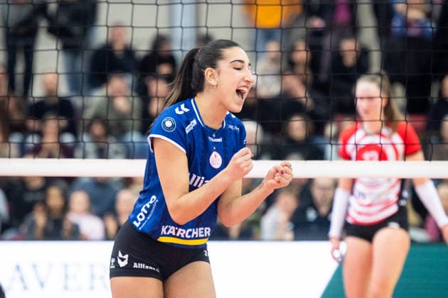 Julia De Paula (Allianz MTV Stuttgart, 17) - Jubel, Freude, Jubelschrei GER, Allianz MTV Stuttgart - ETV Hamburger Volksbank Volleys, Volleyball Bundesliga, VBL, Spielzeit 2025 2026, 11.01.2026 GER, Allianz MTV Stuttgart - ETV Hamburger Volksbank Volleys, Volleyball Bundesliga, VBL, Spielzeit 2025 2026, 11.01.2026 Stuttgart Copyright: xSandyxDinkelackerx EP_SDR