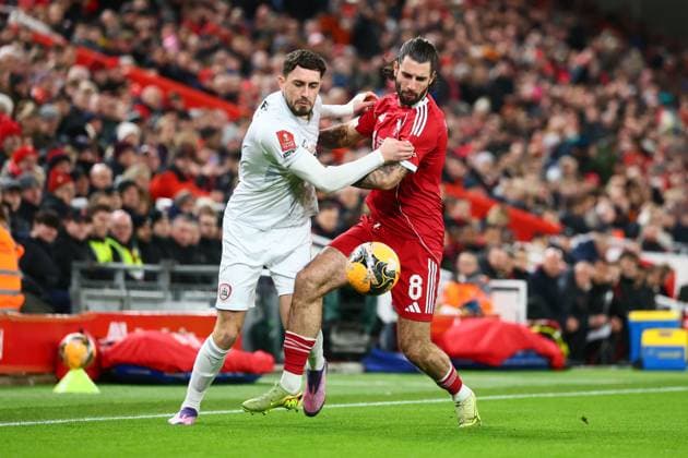 Dominik Szoboszlai of Liverpool and Caylan Vickers of Barnsley Liverpool v Barnsley, Emirates FA Cup, Third Round, Football, Anfield, Liverpool, UK - 12 Jan 2026Liverpool Anfield United Kingdom EDITORIAL USE ONLY No use with unauthorised audio, video, data, fixture lists, club league logos or live services. Online in-match use limited to 120 images, no video emulation. No use in betting, games or single club league player publications. Copyright: xPaulxCurrie Shutterstockx 16246339r