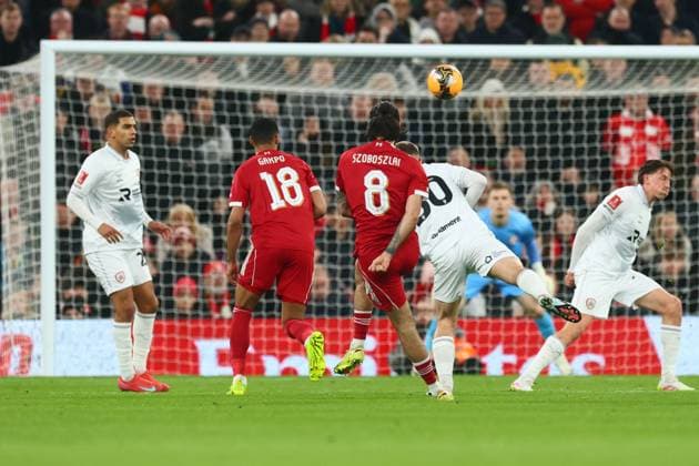 Dominik Szoboszlai of Liverpool scores to make it 1-0 and celebrates Liverpool v Barnsley, Emirates FA Cup, Third Round, Football, Anfield, Liverpool, UK - 12 Jan 2026Liverpool Anfield United Kingdom EDITORIAL USE ONLY No use with unauthorised audio, video, data, fixture lists, club league logos or live services. Online in-match use limited to 120 images, no video emulation. No use in betting, games or single club league player publications. Copyright: xPaulxCurrie Shutterstockx 16246339ab
