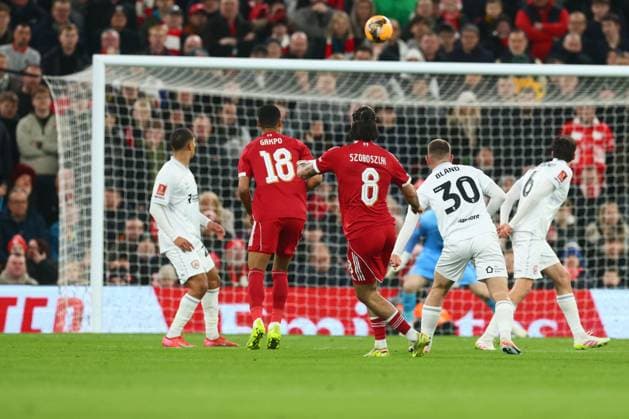 Dominik Szoboszlai of Liverpool scores to make it 1-0 and celebrates Liverpool v Barnsley, Emirates FA Cup, Third Round, Football, Anfield, Liverpool, UK - 12 Jan 2026Liverpool Anfield United Kingdom EDITORIAL USE ONLY No use with unauthorised audio, video, data, fixture lists, club league logos or live services. Online in-match use limited to 120 images, no video emulation. No use in betting, games or single club league player publications. Copyright: xPaulxCurrie Shutterstockx 16246339ac