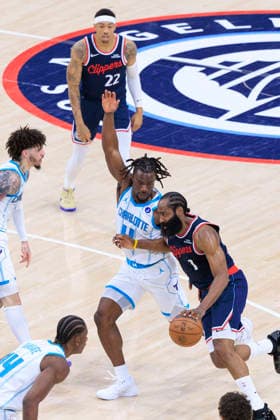January 12, 2026, Inglewood, California, USA: Sion James 4 of the Charlotte Hornets defends against James Harden 1 of the Los Angeles Clippers in a 2025 NBA, Basketball Herren, USA regular season game on Monday January 12, 2026 at Intuit Dome Arena in Inglewood, California. Harden reached 28,598 career points, surpassing Shaquille Oâ€⠢Neal to move into ninth place on the NBAâ€⠢s all-time scoring list. JAVIER ROJAS PI Inglewood USA - ZUMAp124 20260112_zaa_p124_073 Copyright: xJavierxRojasx