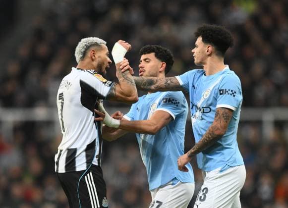 Joelinton of Newcastle United (left) clashes with Matheus Nunes of Manchester City (centre) and Nico O Reilly of Manchester City Newcastle United v Manchester City, EFL Carabao Cup, Semi Final, First Leg, Football, St James Park, Newcastle, UK - 13 Jan 2026Newcastle St James Park United Kingdom EDITORIAL USE ONLY No use with unauthorised audio, video, data, fixture lists, club league logos or live services. Online in-match use limited to 120 images, no video emulation. No use in betting, games or single club league player publications. Copyright: xRichardxLee Shutterstockx 16302979bm