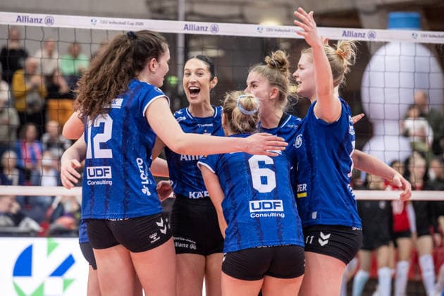 Jasmine Gross (Allianz MTV Stuttgart, 03), Mitte - Jubel, Freude, Freudenschrei mit Team GER, Allianz MTV Stuttgart - THY Istanbul, CEV Volleyball Cup 2026 Achtelfinale, CEV, Spielzeit 2025 2026, 14.01.2026 GER, Allianz MTV Stuttgart - THY Istanbul, CEV Volleyball Cup 2026 Achtelfinale, CEV, Spielzeit 2025 2026, 14.01.2026 Stuttgart Copyright: xSandyxDinkelackerx EP_SDR