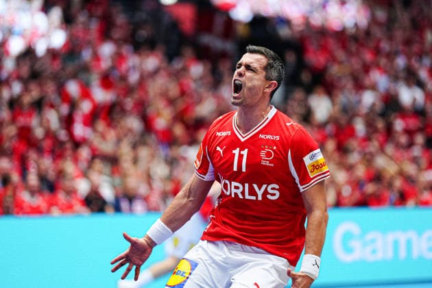 Torjubel Rasmus Lauge (Daenemark, 11) DEN, Daenemark vs. Nordmazedonien, Handball, EHF Europameisterschaft 2026, Gruppe B, Spieltag 1, 16.01.2026 DEN, Daenemark vs. Nordmazedonien, Handball, EHF Europameisterschaft 2026, Gruppe B, Spieltag 1, 16.01.2026 Herning Copyright: xEibner-Pressefoto MarcelxvonxFehrnx EP_MFN