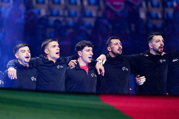 Portugal bei Nationalhymne DEN, Portugal vs. Rumaenien, Handball, EHF Europameisterschaft 2026, Gruppe B, Spieltag 1, 16.01.2026 DEN, Portugal vs. Rumaenien, Handball, EHF Europameisterschaft 2026, Gruppe B, Spieltag 1, 16.01.2026 Herning Copyright: xEibner-Pressefoto MarcelxvonxFehrnx EP_MFN
