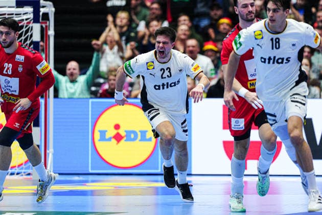 Torjubel Renars Uscins (Deutschland, 23) DEN, Serbien vs. Deutschland, Handball, EHF Europameisterschaft 2026, Gruppe A, Spieltag 2, 17.01.2026 DEN, Serbien vs. Deutschland, Handball, EHF Europameisterschaft 2026, Gruppe A, Spieltag 2, 17.01.2026 Herning Copyright: xEibner-Pressefoto MarcelxvonxFehrnx EP_MFN