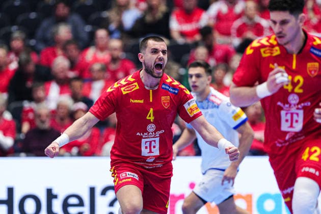 Torjubel Martin Velkovski(Nordmazedonien, 04) DEN, Nordmazedonien vs. Portugal, Handball, EHF Europameisterschaft 2026, Gruppe B, Spieltag 2, 18.01.2026 DEN, Nordmazedonien vs. Portugal, Handball, EHF Europameisterschaft 2026, Gruppe B, Spieltag 2, 18.01.2026 Herning Copyright: xEibner-Pressefoto MarcelxvonxFehrnx EP_MFN