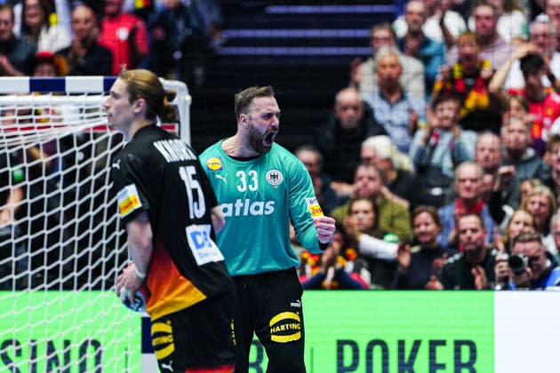Jubel nach Parade Andreas Wolff (Deutschland, 33) DEN, Deutschland vs. Spanien, Handball, EHF Europameisterschaft 2026, Gruppe A, Spieltag 3, 19.01.2026 DEN, Deutschland vs. Spanien, Handball, EHF Europameisterschaft 2026, Gruppe A, Spieltag 3, 19.01.2026 Herning Copyright: xEibner-Pressefoto MarcelxvonxFehrnx EP_MFN