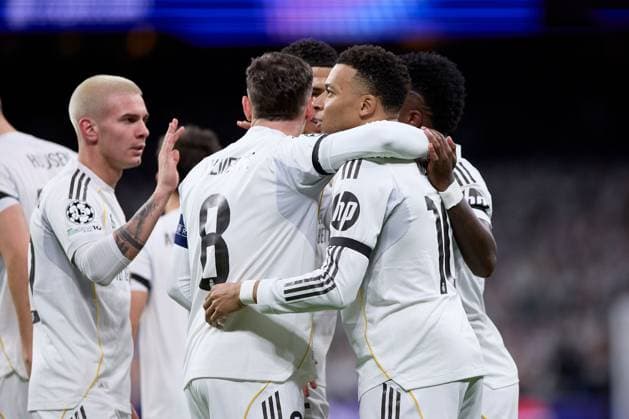 Kylian Mbappe of Real Madrid CF celebrates with his teammates after scoring a goal Real Madrid v AS Monaco, UEFA Champions League, Group Stage, Football, Estadio Bernabeu, Madrid, Spain - 20 Jan 2026Madrid Estadio Bernabeu Spain EDITORIAL USE ONLY No use with unauthorised audio, video, data, fixture lists, club league logos or live services. Online in-match use limited to 120 images, no video emulation. No use in betting, games or single club league player publications. Copyright: xRubenxAlbarran Shutterstockx 16374322ag