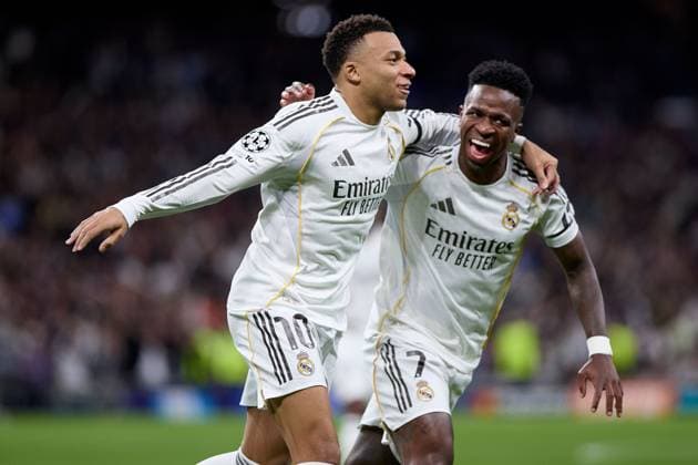 Kylian Mbappe of Real Madrid CF celebrates after scoring a goal with Vinicius Jr of Real Madrid CF Real Madrid v AS Monaco, UEFA Champions League, Group Stage, Football, Estadio Bernabeu, Madrid, Spain - 20 Jan 2026Madrid Estadio Bernabeu Spain EDITORIAL USE ONLY No use with unauthorised audio, video, data, fixture lists, club league logos or live services. Online in-match use limited to 120 images, no video emulation. No use in betting, games or single club league player publications. Copyright: xRubenxAlbarran Shutterstockx 16374322aa