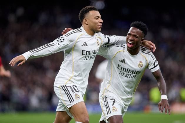 Kylian Mbappe of Real Madrid CF celebrates after scoring a goal with Vinicius Jr of Real Madrid CF Real Madrid v AS Monaco, UEFA Champions League, Group Stage, Football, Estadio Bernabeu, Madrid, Spain - 20 Jan 2026Madrid Estadio Bernabeu Spain EDITORIAL USE ONLY No use with unauthorised audio, video, data, fixture lists, club league logos or live services. Online in-match use limited to 120 images, no video emulation. No use in betting, games or single club league player publications. Copyright: xRubenxAlbarran Shutterstockx 16374322ab